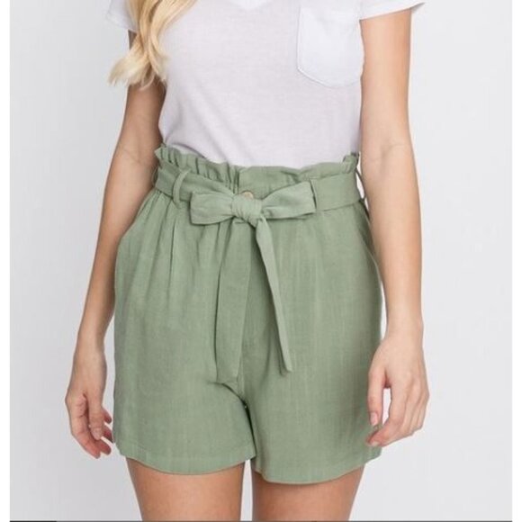 #1133 GeeGee NWT Plus Sage Green Casual High Waisted Linen Shorts Sizes 1X-3X